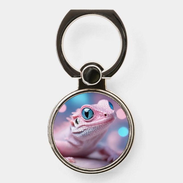Cute Little Pink Lizard with Big Blue Eyes Phone Ring Stand (Front)