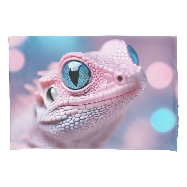 Cute Little Pink Lizard with Big Blue Eyes Pillow Case (Front)
