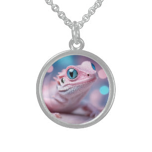 Cute Little Pink Lizard with Big Blue Eyes Sterling Silver Necklace
