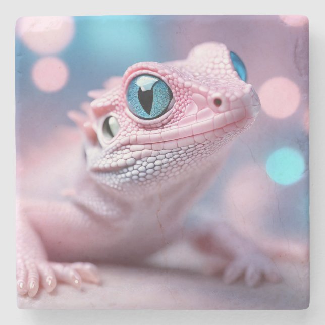 Cute Little Pink Lizard with Big Blue Eyes Stone Coaster (Front)