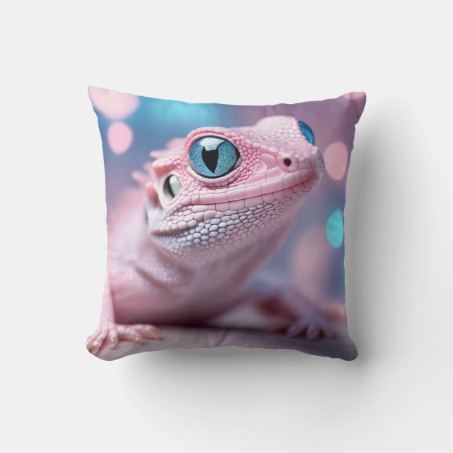 Cute Little Pink Lizard with Big Blue Eyes Throw Pillow (Front)