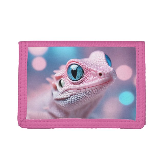 Cute Little Pink Lizard with Big Blue Eyes Trifold Wallet (Front)