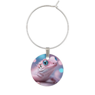 Cute Little Pink Lizard with Big Blue Eyes Wine Charm