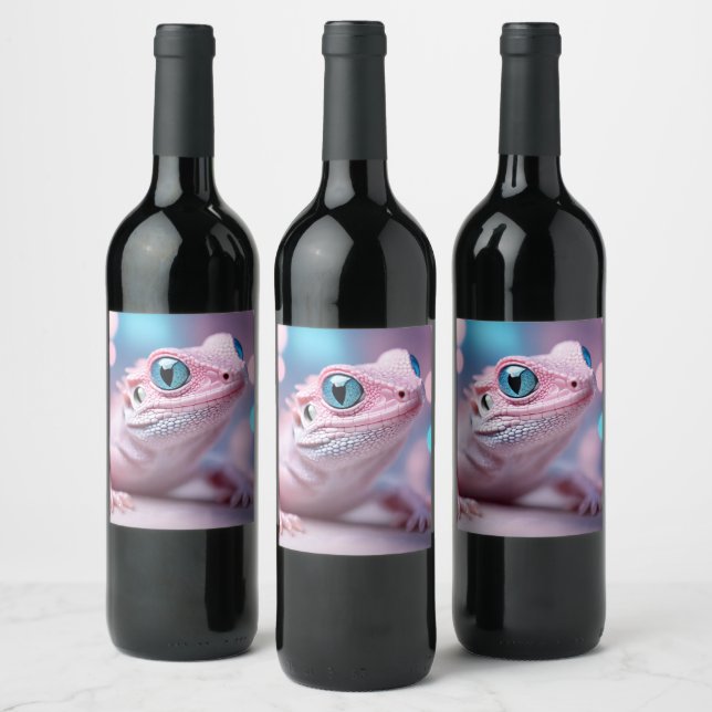 Cute Little Pink Lizard with Big Blue Eyes Wine Label (Bottles)
