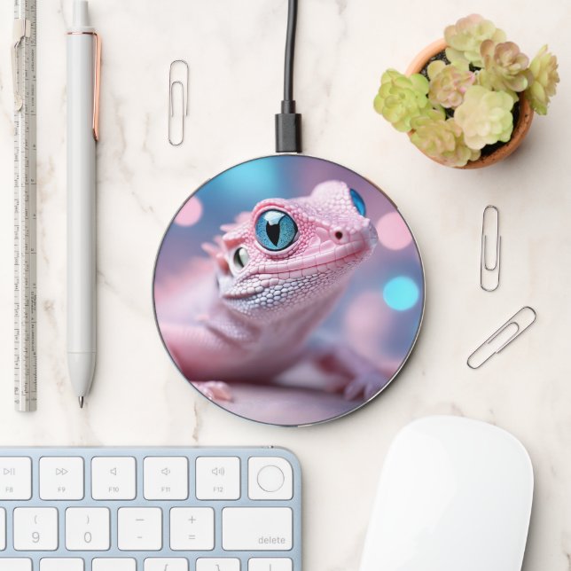 Cute Little Pink Lizard with Big Blue Eyes Wireless Charger (Desk)