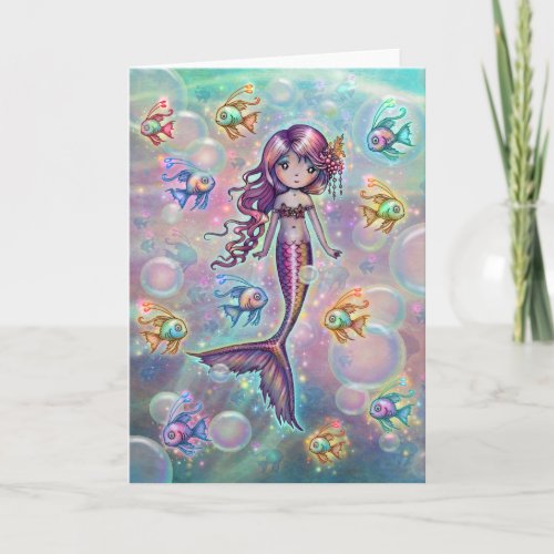 Cute Little Pink Mermaid and Fish Fantasy Art Card