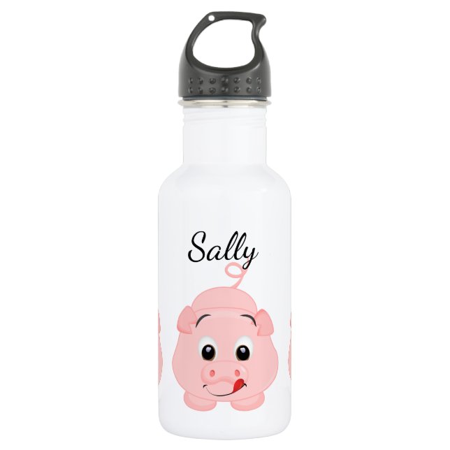 Cute Little Pink Piggy Personalized Stainless Steel Water Bottle (Front)