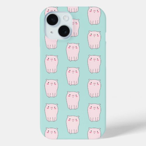 Cute Little Pink Pigs _ Aqua Green iPhone 15 Case
