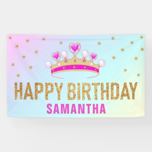 Cute Little Pink Princess Crown Birthday Party Banner