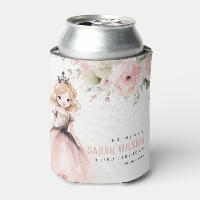 Cute Little Pink Princess Rose Floral Birthday Can Cooler (Can Front)