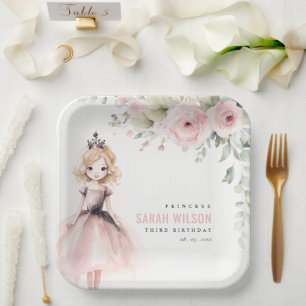 Cute Little Pink Princess Rose Floral Birthday Paper Plates