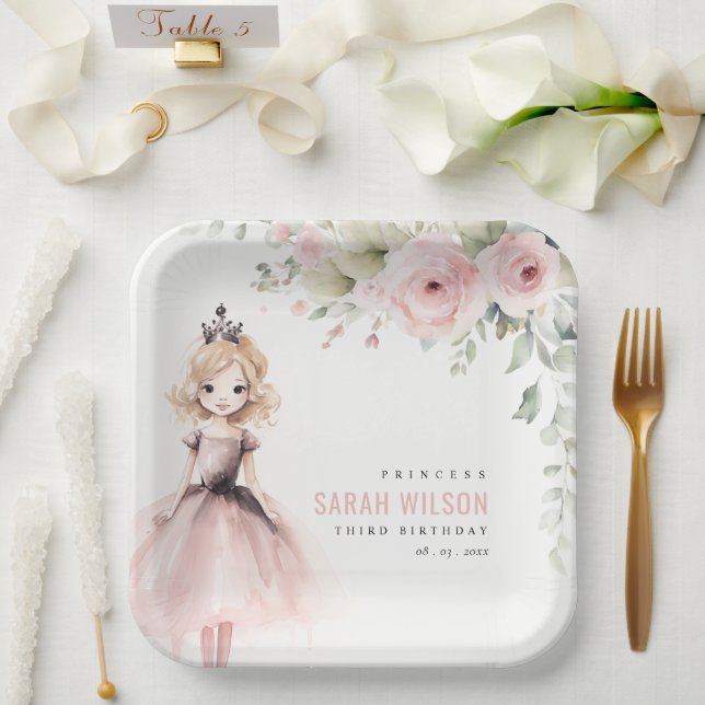 Cute Little Pink Princess Rose Floral Birthday Paper Plates (Wedding)