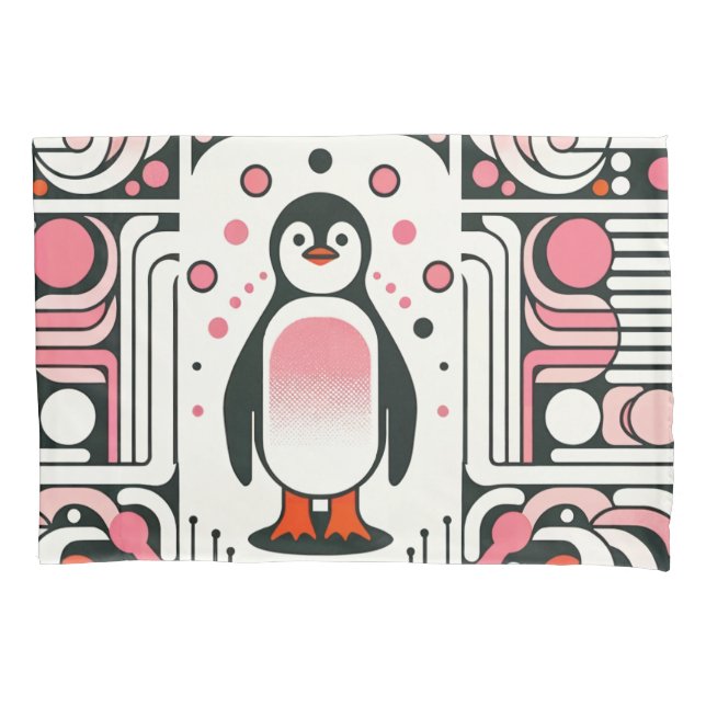 Cute Little Pink Salmon Penguin in Retro 60s Pillow Case (Front)