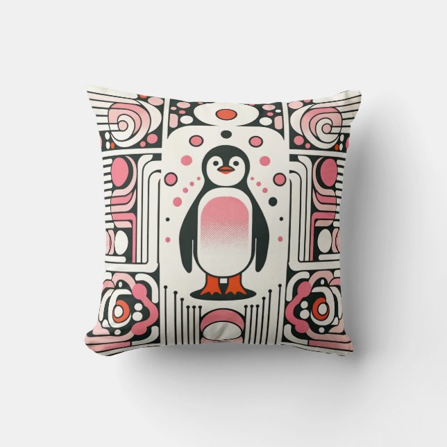 Cute Little Pink Salmon Penguin in Retro 60s Throw Pillow (Front)