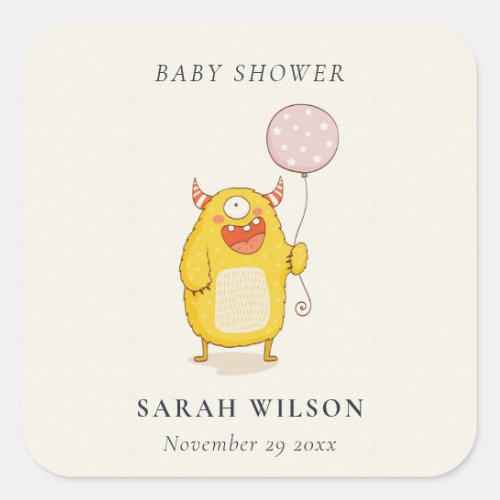 Cute Little Pink Yellow Happy Monster Baby Shower Square Sticker