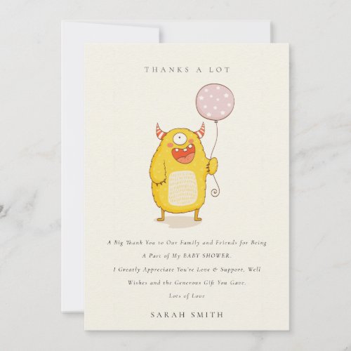 Cute Little Pink Yellow Happy Monster Baby Shower Thank You Card