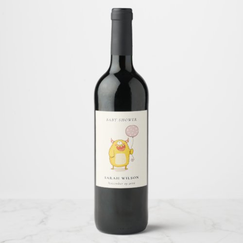 Cute Little Pink Yellow Happy Monster Baby Shower Wine Label