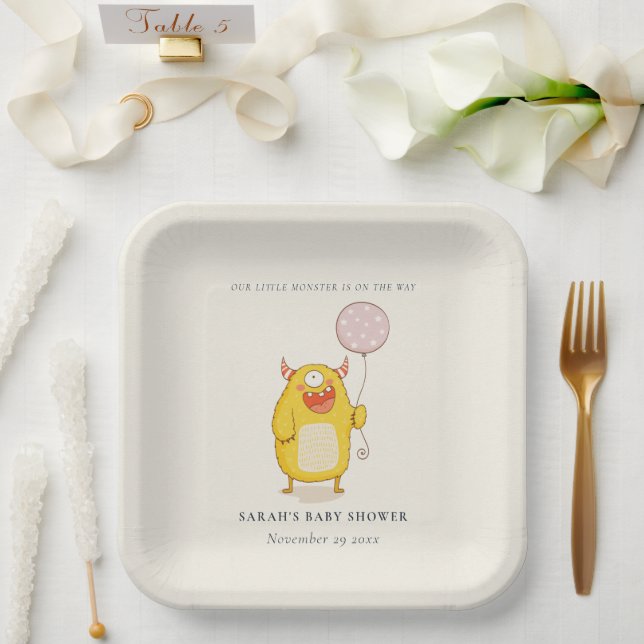 Cute Little Pink Yellow Monster Baby Shower Invite Paper Plates (Wedding)