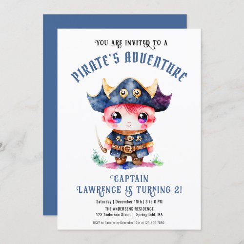 Cute Little Pirate Boy Blue Birthday Party Digital Invitation