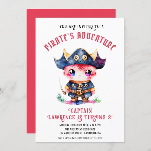 Cute Little Pirate Boy Red Birthday Party Digital  Invitation