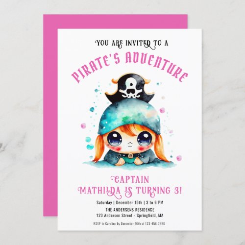 Cute Little Pirate Girl Pink Birthday Party Invitation