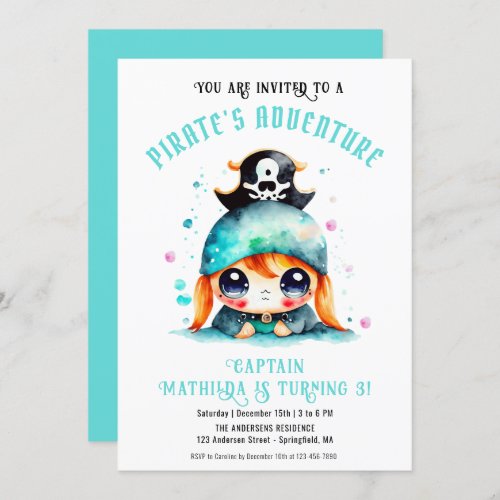 Cute Little Pirate Girl Turquoise Birthday Digital Invitation