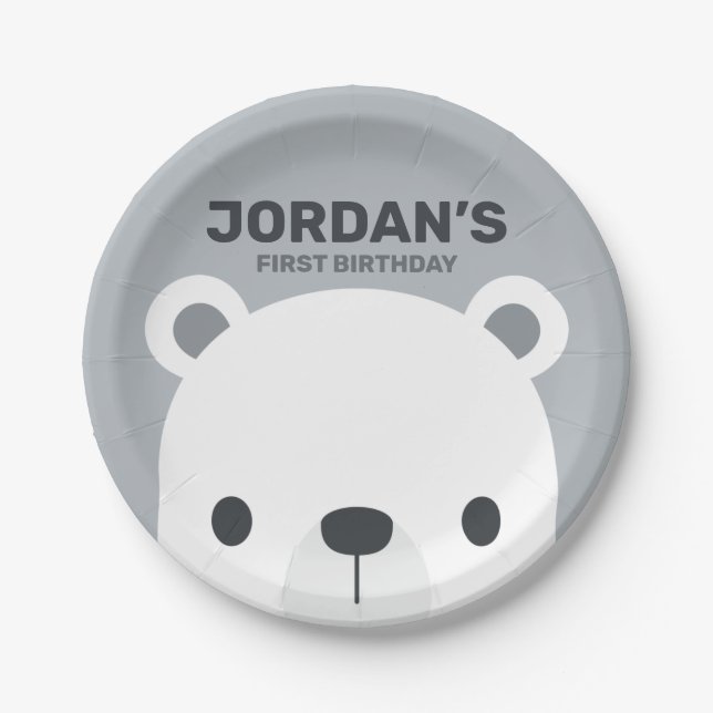 Cute Little Polar Bear Birthday Paper Plates (Front)
