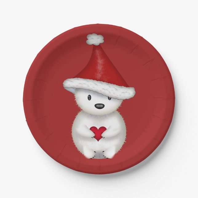 Cute Little Polar Bear with Heart Paper Plates (Front)