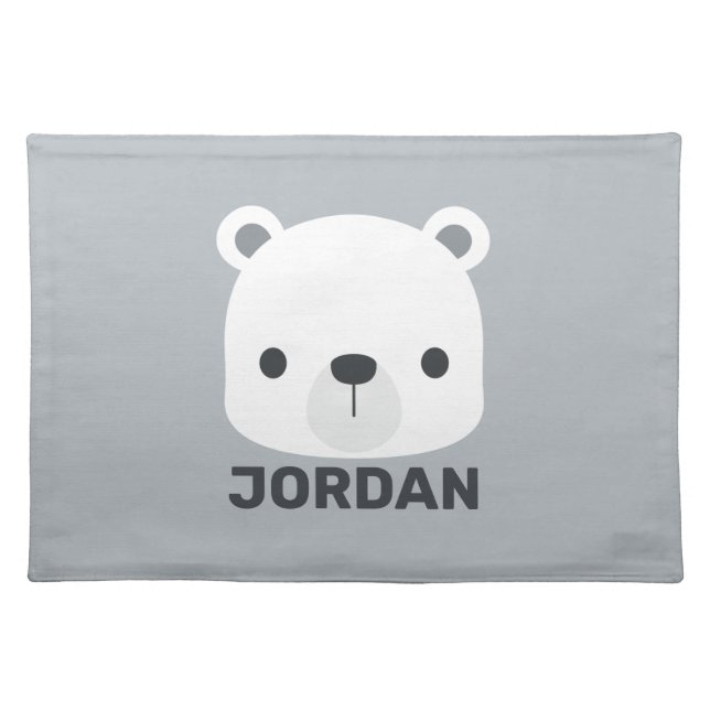 Cute Little Polar Bear with Personalized Name Cloth Placemat (Front)