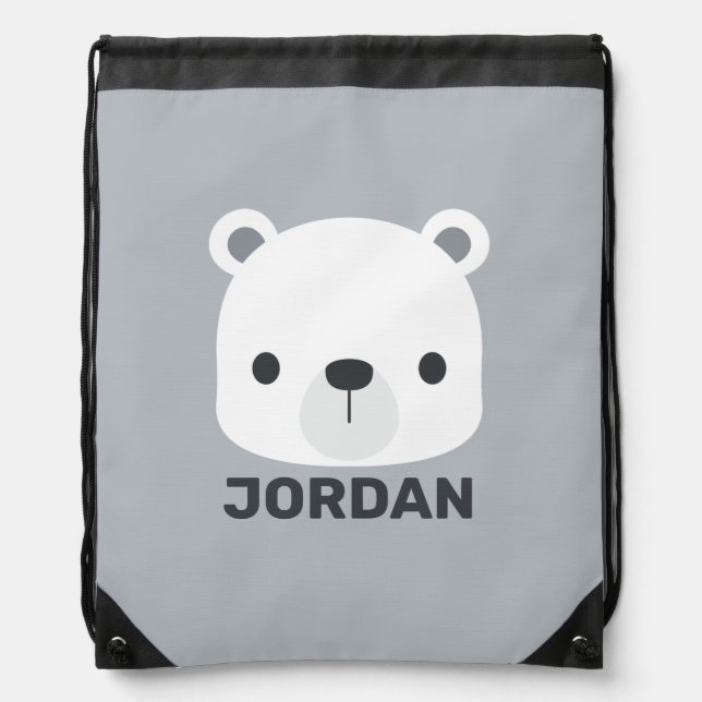 Cute Little Polar Bear with Personalized Name Drawstring Bag (Front)