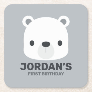 Cute Little Polar Bear with Personalized Name Square Paper Coaster
