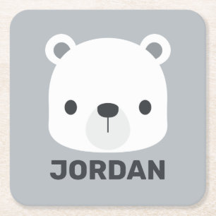 Cute Little Polar Bear with Personalized Name Square Paper Coaster
