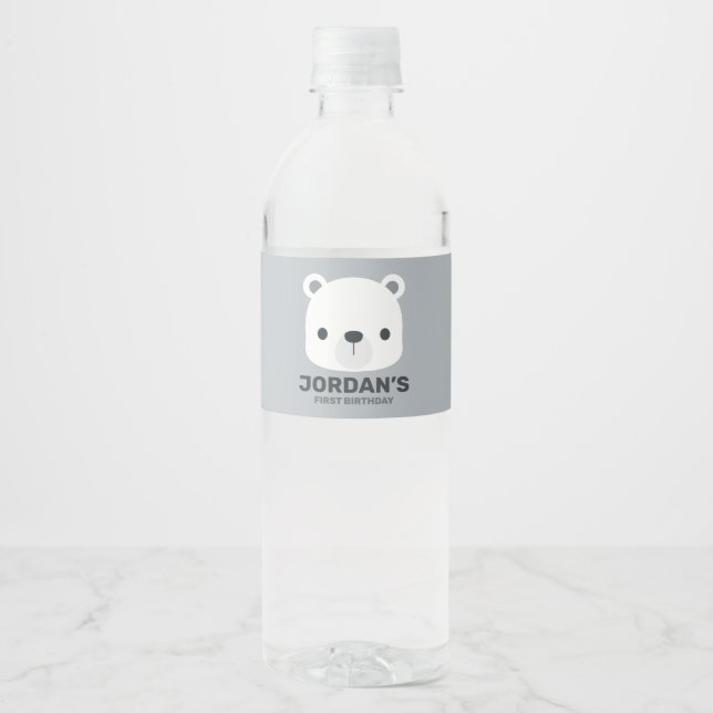 Cute Little Polar Bear with Personalized Name Water Bottle Label (Front)