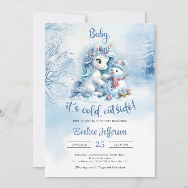 Cute little pony with snowman in snowy forest invitation (Front)