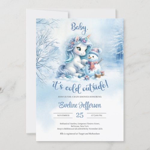 Cute little pony with snowman in snowy forest invitation