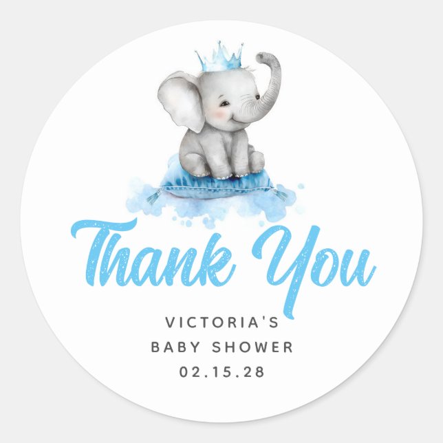Cute Little Prince Elephant Blue Baby Shower Classic Round Sticker (Front)
