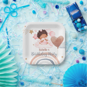 Cute Little princess afro girls Balloon Birthday Paper Plates