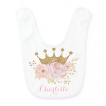 Cute Little Princess Gold Crown Blush Pink Floral Baby Bib Cute Little Princess Gold Crown Blush Pink Floral Baby Bib