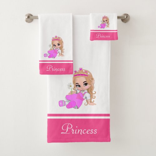 Cute Little Princess  Name Text on Pink  White Bath Towel Set