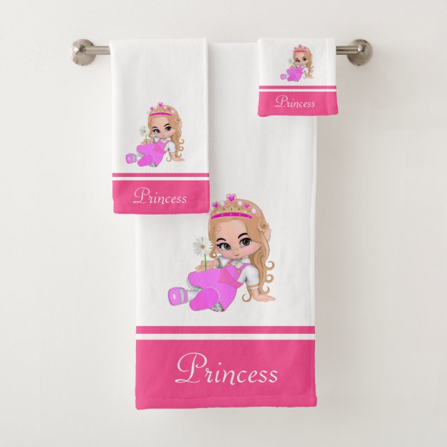 Cute Little Princess & Name Text on Pink & White Bath Towel Set (Insitu)