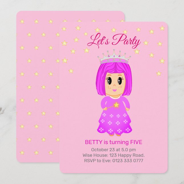 Cute Little Princess & Stars on Light Pink Invitation (Front/Back)