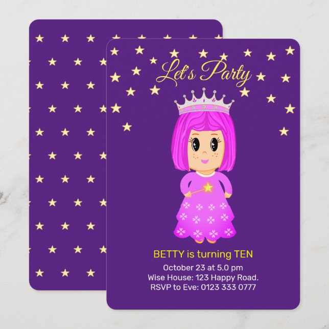 Cute Little Princess & Stars on Royal Purple Invitation (Front/Back)