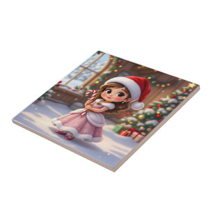 Cute little princess with Christmas hat Ceramic Tile