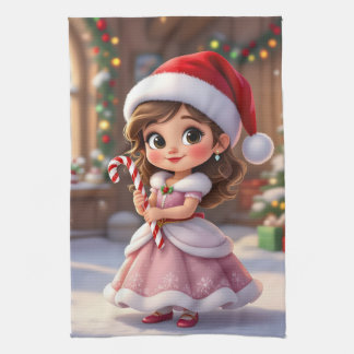 Cute little princess with Christmas hat Kitchen Towel