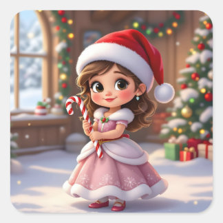 Cute little princess with Christmas hat Square Sticker