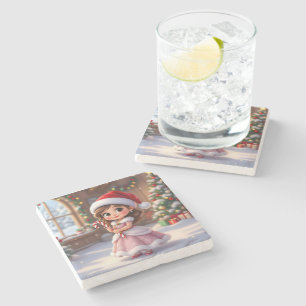 Cute little princess with Christmas hat Stone Coaster