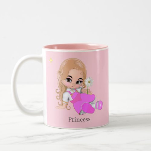 Cute Little Princess with Daisy Flower on Pink Two_Tone Coffee Mug