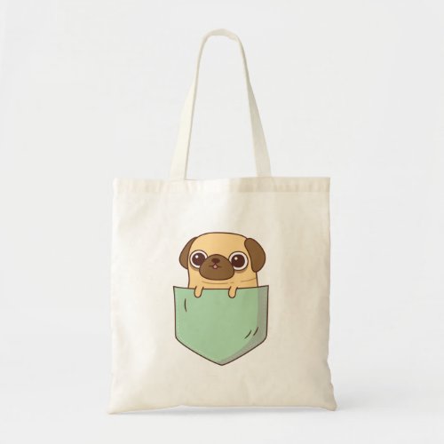 Cute Little Pug In Faux Green Pocket Tote Bag