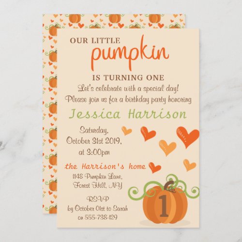 Cute Little Pumpkin 1st Birthday Invitations