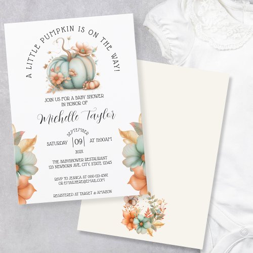 Cute Little Pumpkin Autumn Fall Floral Baby Shower Invitation